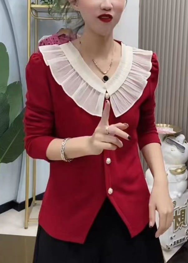 Women Red Ruffled Button Knit Tops Long Sleeve