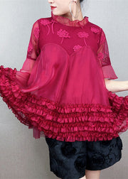 Women Red Ruffled Embroidered Patchwork Tulle Shirt Top Summer