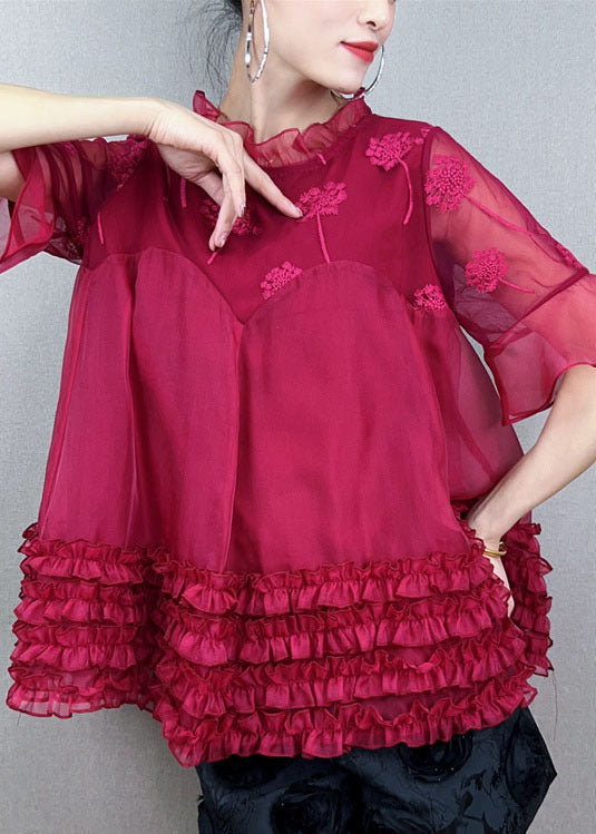 Women Red Ruffled Embroideried Patchwork Tulle Shirt Top Summer