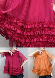 Women Red Ruffled Embroidered Patchwork Tulle Shirt Top Summer