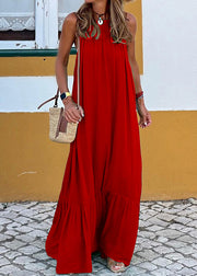 Women Red Ruffled Solid Cotton Maxi Dress Sleeveless