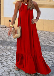 Women Red Ruffled Solid Cotton Maxi Dress Sleeveless