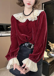 Women Red Ruffled Solid Silk Velour Top Flare Sleeve