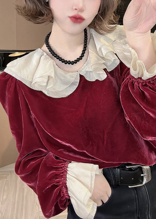 Women Red Ruffled Solid Silk Velour Top Flare Sleeve