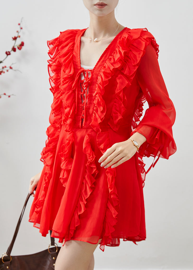 Women Red Ruffles Chiffon Mini Dresses Fall