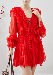 Women Red Ruffles Chiffon Mini Dresses Fall