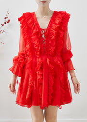 Women Red Ruffles Chiffon Mini Dresses Fall