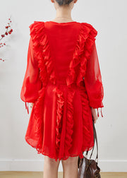 Women Red Ruffles Chiffon Mini Dresses Fall