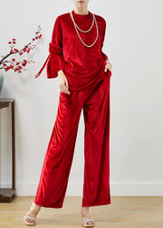 Women Red Side Open Silk Velvet Two Piece Set Women Clothing Spring