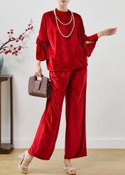 Women Red Side Open Silk Velvet Two Piece Set Women Clothing Fall