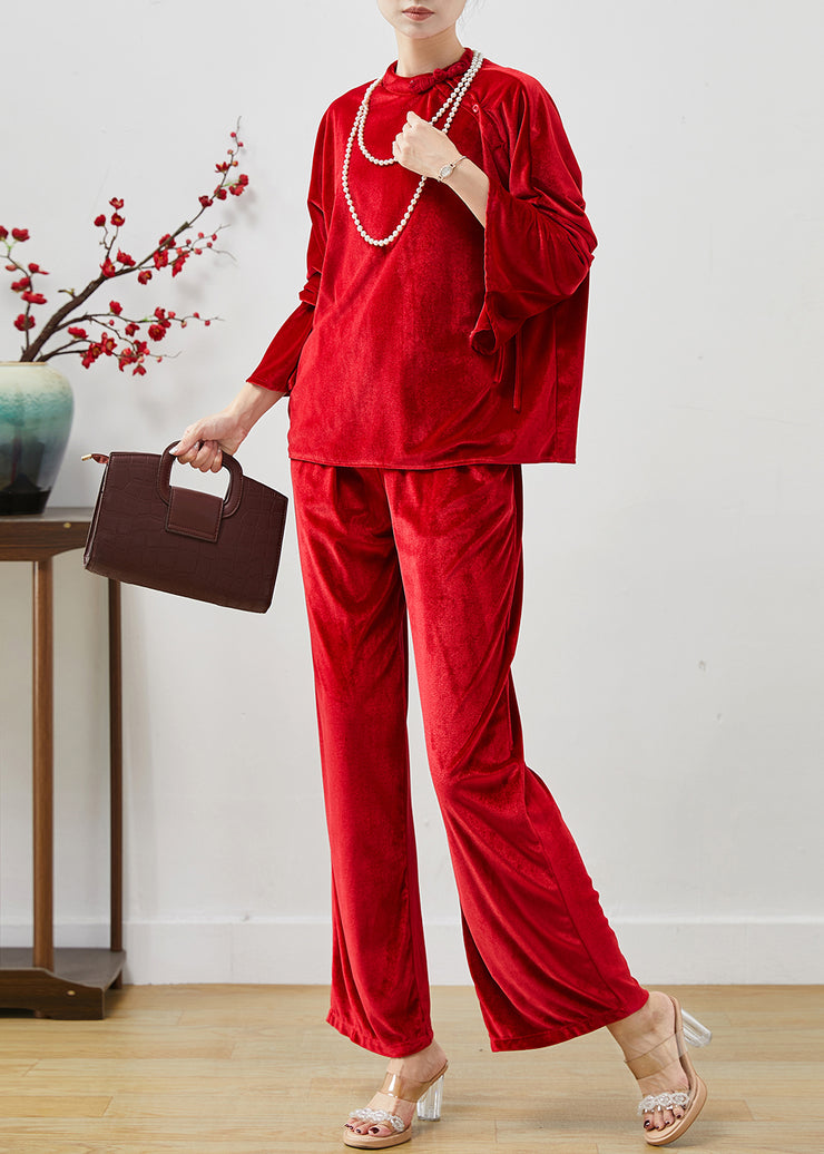 Women Red Side Open Silk Velvet Two Piece Set Women Clothing Spring