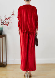 Women Red Side Open Silk Velvet Two Piece Set Women Clothing Spring