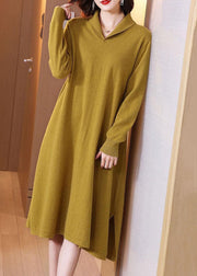 Women Red Side Peter Pan Collar Open Cotton Knit Dress Long Sleeve