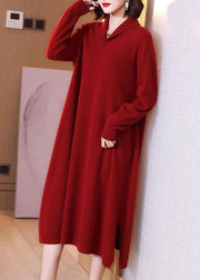 Women Red Side Peter Pan Collar Open Cotton Knit Dress Long Sleeve