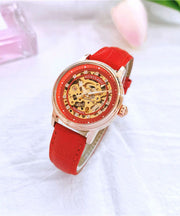 Women Red Stainless Steel Sapphire Crystal Patchwork Dermis Zircon Hollowed Out Watch