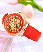 Women Red Stainless Steel Sapphire Crystal Patchwork Dermis Zircon Hollowed Out Watch