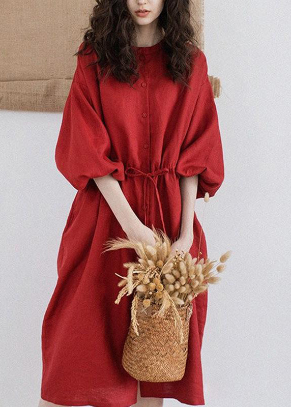 Women Red Stand Collar Drawstring Patchwork Linen Dresses Summer