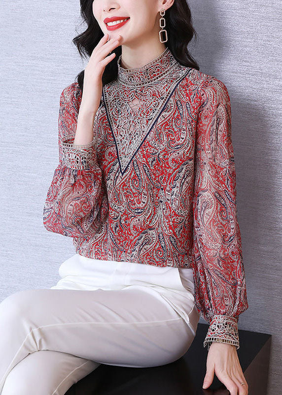 Women Red Stand Collar Embroideried Print Chiffon Top Lantern Sleeve