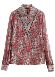 Women Red Stand Collar Embroideried Print Chiffon Top Lantern Sleeve