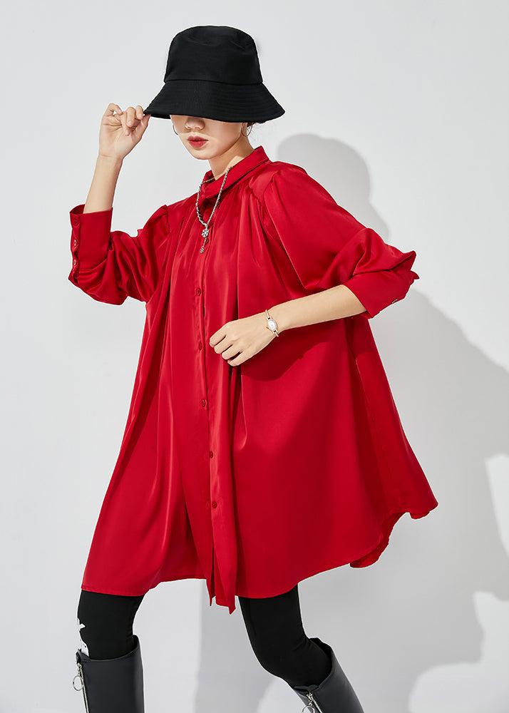 Women Red Stand Collar Oversized Wrinkled Silk Shirt Top Spring