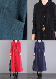 Women Red Stand Collar Pockets Patchwork Cotton Long Dresses Fall