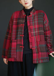 Women Red Stand Collar Pockets Plaid Fine Cotton Filled Coats Winter