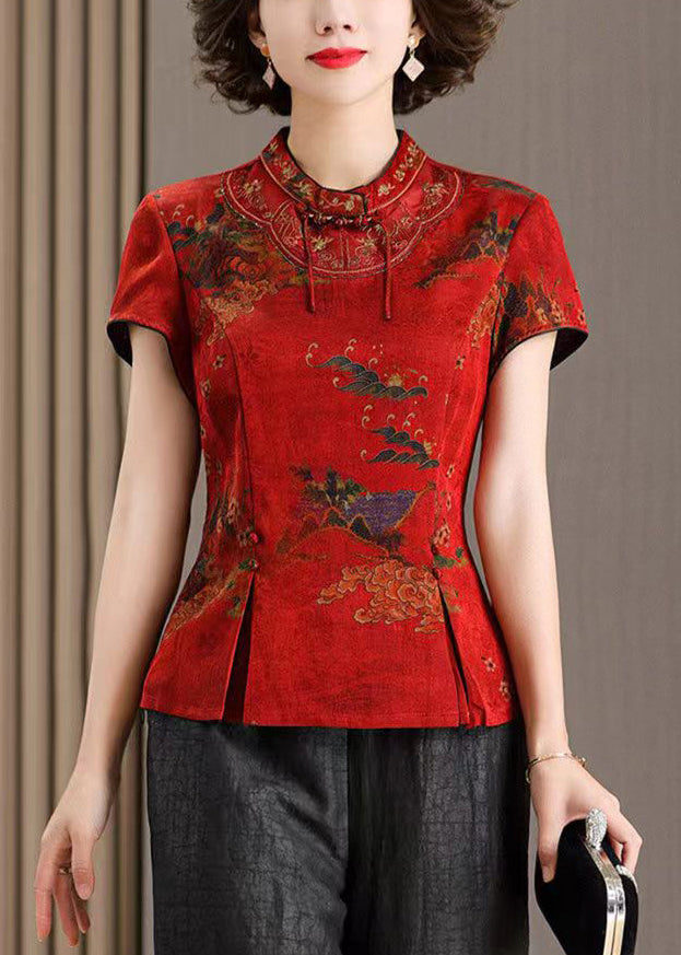 Women Red Stand Collar Print Side Cpen Silk T Shirt Summer