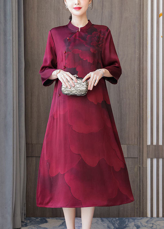 Women Red Stand Collar Print Silk Robe Dresses Bracelet Sleeve