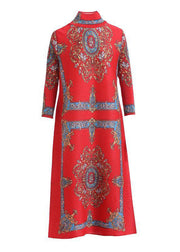 Women Red Stand Collar Wrinkled Print Silk Long Dresses Vestidos Bracelet Sleeve