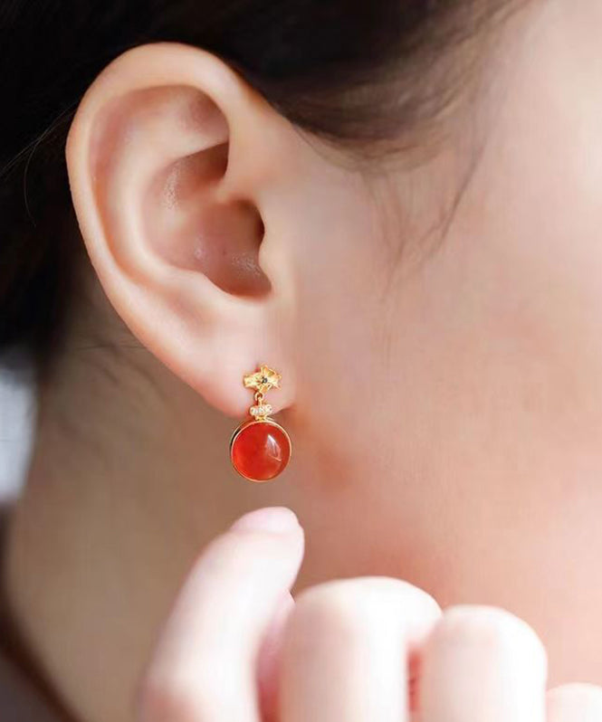 Women Red Sterling Silver Inlaid Zircon Agate Stud Earrings