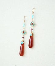 Women Red Sterling Silver Turquoise Agate Garnet Water Drops Drop Earrings