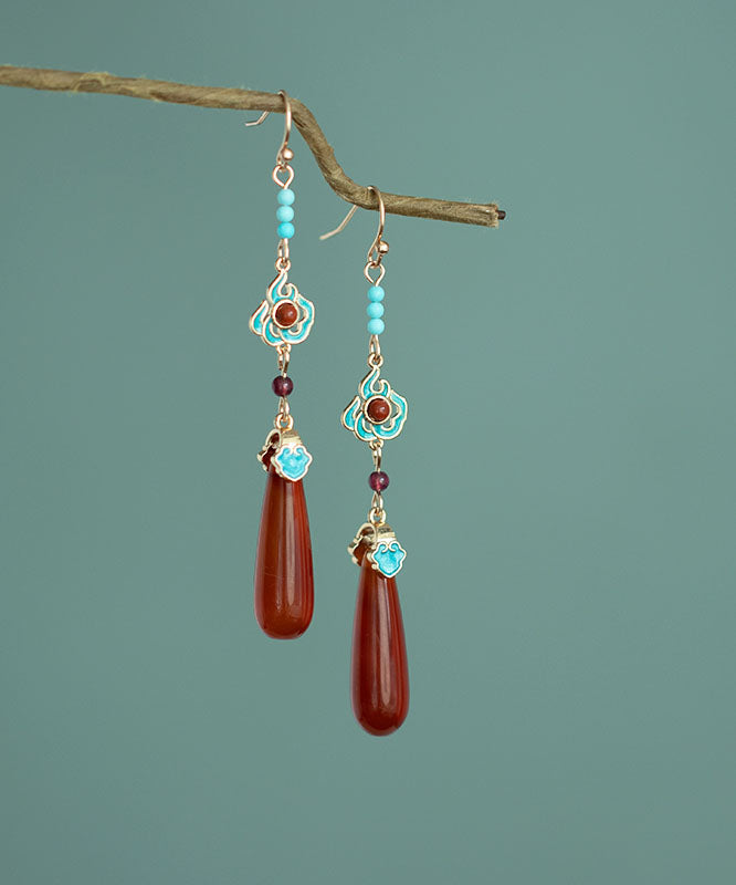 Women Red Sterling Silver Turquoise Agate Garnet Water Drops Drop Earrings