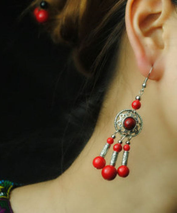 Women Red Stone Tibetan style Silver Drop Earrings