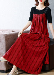 Women Red Striped Exra Large Hem Linen Strap Dress Two Pieces Set Summer