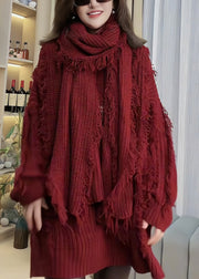 Women Red Tassel Patchwork Knitted Sweaters Spring