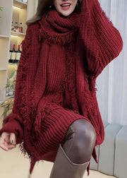 Women Red Tassel Patchwork Knitted Sweaters Spring