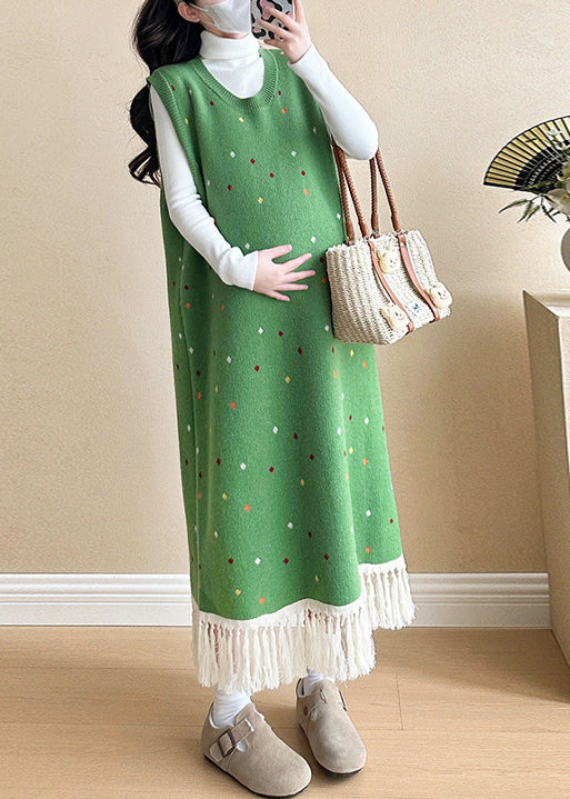 Women Red Tasseled Patchwork Knit Vest Long Dress Sleeveless