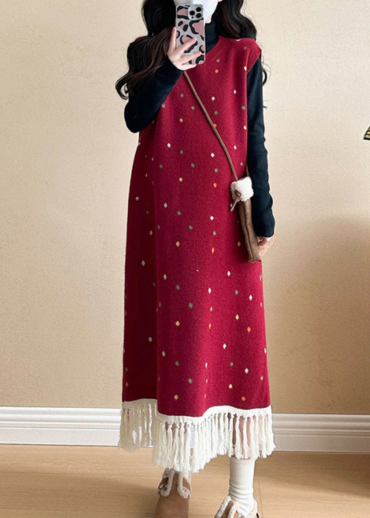 Women Red Tasseled Patchwork Knit Vest Long Dress Sleeveless