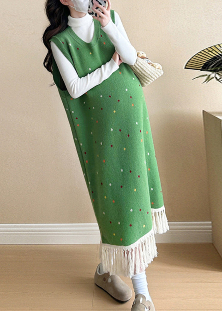 Women Red Tasseled Patchwork Knit Vest Long Dress Sleeveless