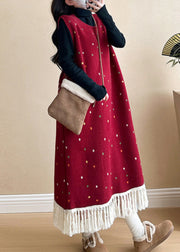 Women Red Tasseled Patchwork Knit Vest Long Dress Sleeveless