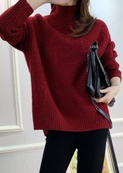 Women Red Turtleneck Cozy Cotton Knit Sweater Fall