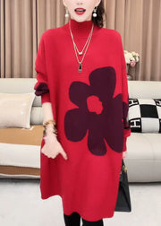 Women Red Turtleneck Cozy Knit Sweater Dress Winter