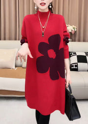 Women Red Turtleneck Cozy Knit Sweater Dress Winter