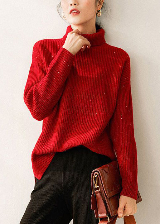 Women Red Turtleneck Cozy Knit Sweaters Long Sleeve