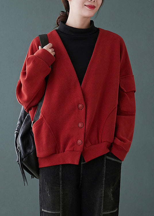 Women Red V Neck Button Pockets Patchwork Cotton Coats Fall