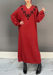 Women Red V Neck Embroidered Knit Sweater Dress Spring