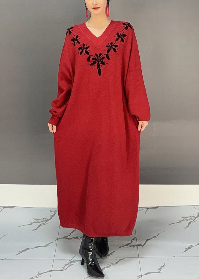 Women Red V Neck Embroidered Knit Sweater Dress Spring