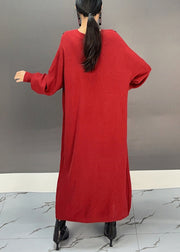 Women Red V Neck Embroidered Knit Sweater Dress Spring