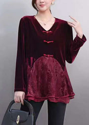 Women Red V Neck Lace Patchwork Silk Velour Top Spring