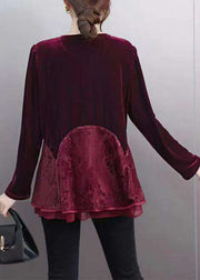 Women Red V Neck Lace Patchwork Silk Velour Top Spring